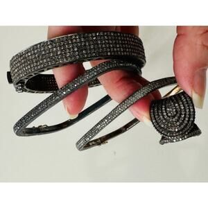 Gunmetal Gray Rhinestone Bangle & Square Bracelets with Matching Ring